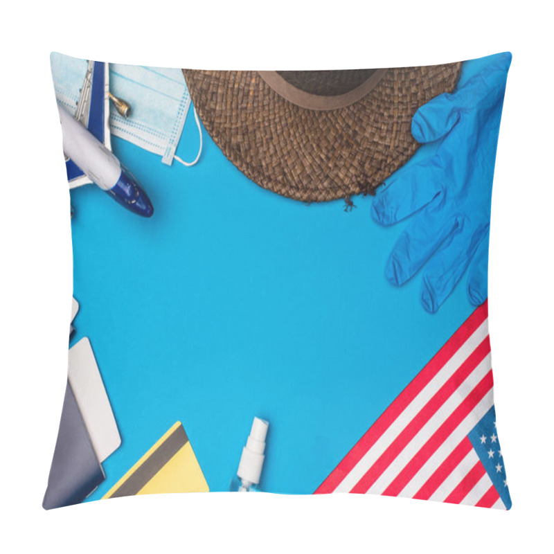 Personality  Top View Of Passports Near Toy Plane Near Medical Mask And Flag Of America On Blue Background Pillow Covers