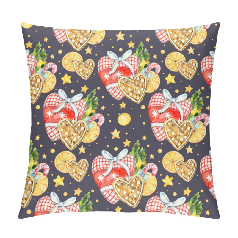 Personality  Watercolor Christmas Seamless Pattern With Dark Background. Christmas Red And Yellow Decorations: Stars, Candy Cane, Rag Heart, Dried Orange. New Year Watercolor Background. Perfect For Textile, Gift Paper, Scrapbooking Paper, Christmas Decorations Pillow Covers