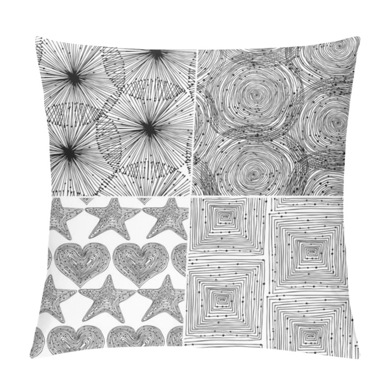 Personality  Seamless Geometrical Background Black Set. Endless Patterns With Round Elements, Dots, Spirals, Hearts And Stars. Background Collection Can Be Use For Arts, Cards, Textile, Wallpapers, Web Pages Pillow Covers