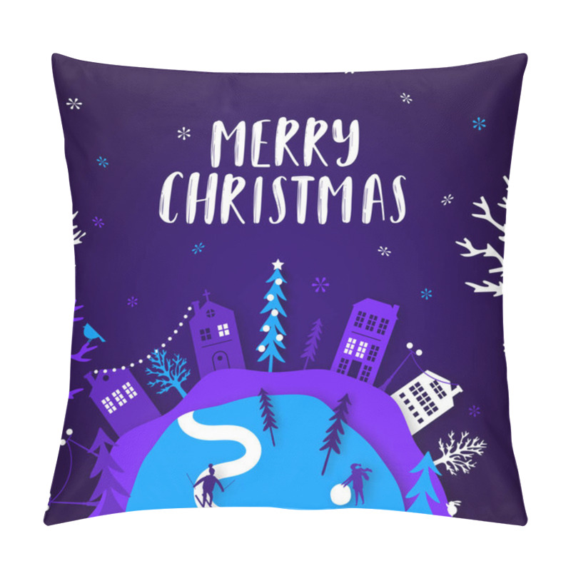 Personality  Merry Christmas Paper Cut Vector Illustration. Greeting Card With Christmas Tree And Paper Cut City. Pillow Covers