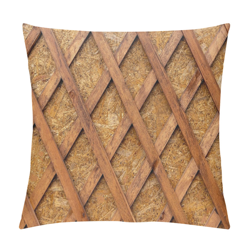 Personality  Wooden Lattice With Diamond Shaped Holes Attached To A Wood Plate. Decorative Background Of Boards In The Form Of Rhombuses. Wooden Decoration Of Geometric Shapes Pillow Covers