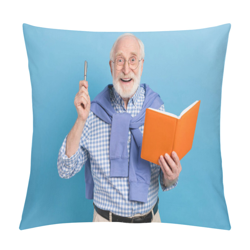 Personality  Photo Of Optimistic Old Grey Hairdo Man Hold Book Pen Wear Spectacles Blue Shirt Isolated On Pastel Color Background Pillow Covers