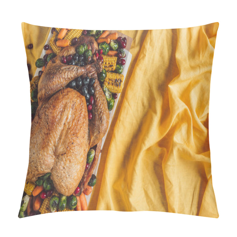 Personality  Top View Of Roasted Festive Turkey And Vegetables On Tabletop With Yellow Tablecloth, Thanksgiving Holiday Concept Pillow Covers