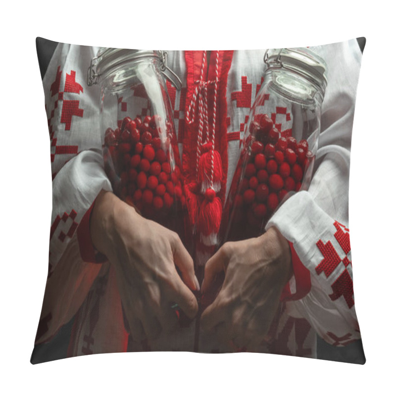 Personality  Woman In Ukrainian Traditional Vishivanka Dress Holding Traditional Infused Cranberries Spirit - Nalyvka Pillow Covers