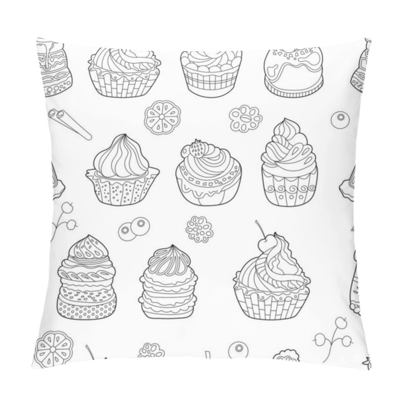 Personality  Seamless Pattern With Black And White Desserts. Cakes, Sweets And Muffins  On White Background. Endless Texture With Different Pastry For Food Design. Pillow Covers