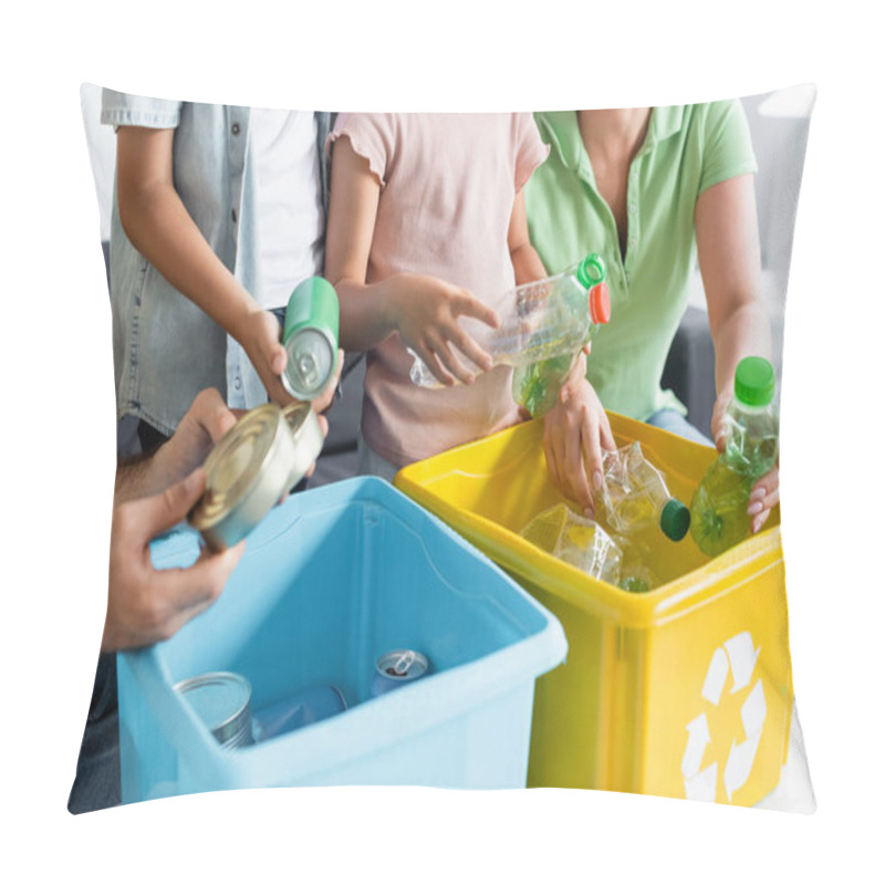 Personality  Cropped View Of Family And Children Sorting Garbage In Boxes With Recycle Sign  Pillow Covers