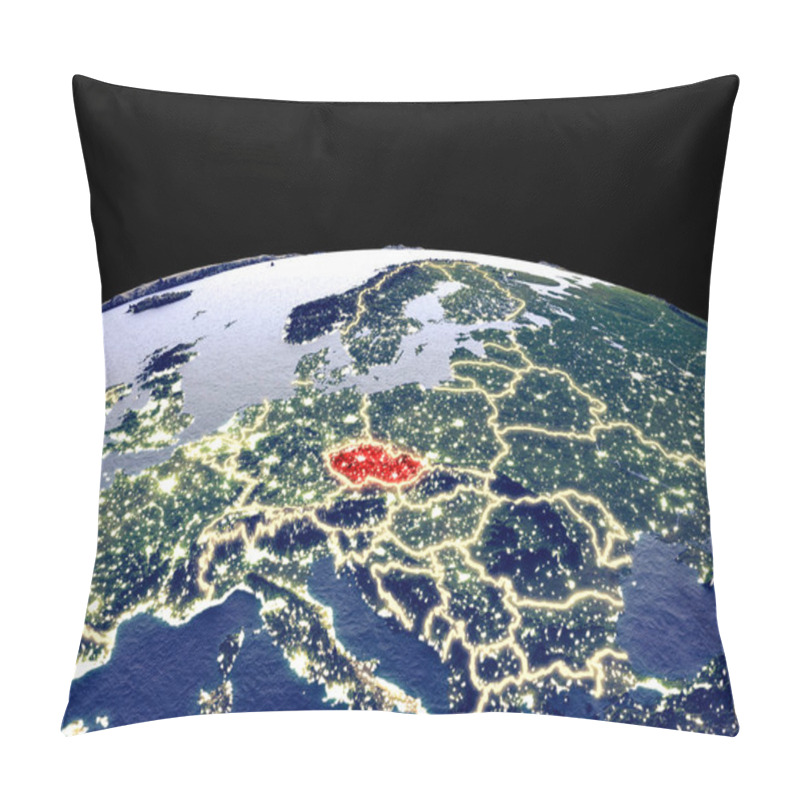 Personality  Czech Republic From Space On Planet Earth At Night With Bright City Lights. Detailed Plastic Planet Surface With Real Mountains. 3D Illustration. Elements Of This Image Furnished By NASA. Pillow Covers