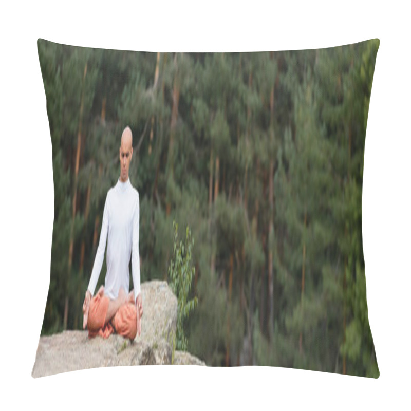 Personality  Buddhist In White Sweatshirt Practicing Lotus Pose On Rock In Forest, Banner Pillow Covers