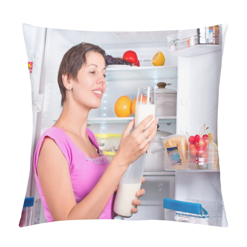 Personality  Young Beautiful Girl Takes Food From The Refrigerator. Pillow Covers