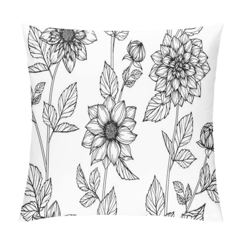 Personality  Seamless Dahlia Flower Pattern Background. Black And White With Drawing Line Art Illustration. Pillow Covers