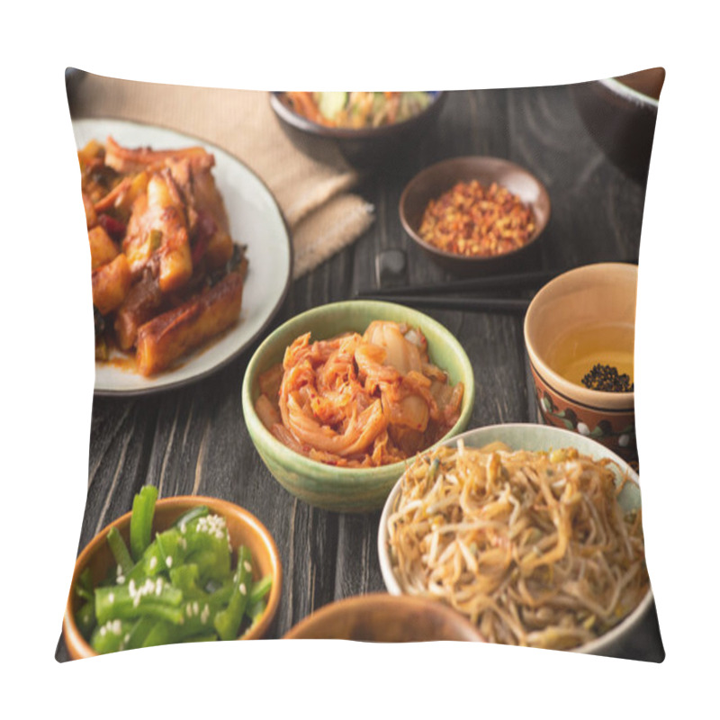 Personality  Selective Focus Of Spicy Kimchi Near Topokki And Korean Side Dishes  Pillow Covers