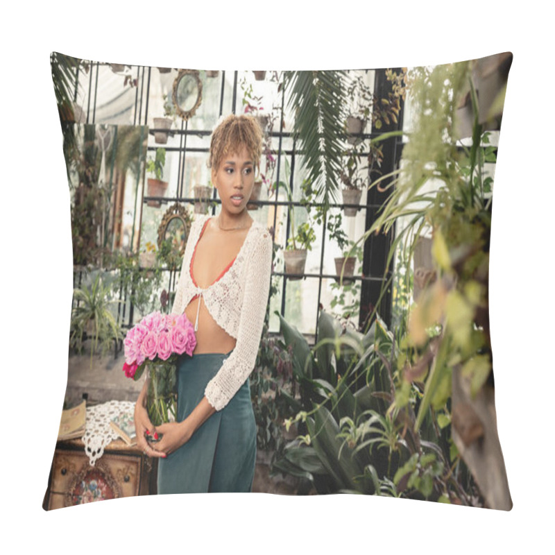 Personality  Young Stylish African American Woman In Summer Outfit Holding Vase With Pink Flowers Standing Near Green Plants In Modern Orangery At Background, Trendy Woman With Tropical Flair, Summer Concept Pillow Covers