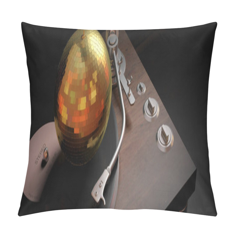 Personality  Party Concept.  Gold Mirror Disco Ball On A Turntable  In A Black Background, Banner, Copy Space, 3d Illustration Pillow Covers