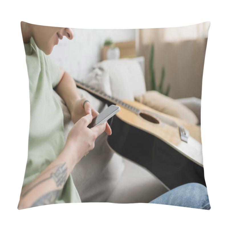 Personality  Cropped View Of Happy Young Woman With Tattoo On Hand Using Smartphone While Sitting On Comfortable Couch Near Guitar In Modern Living Room, Blurred Shot  Pillow Covers