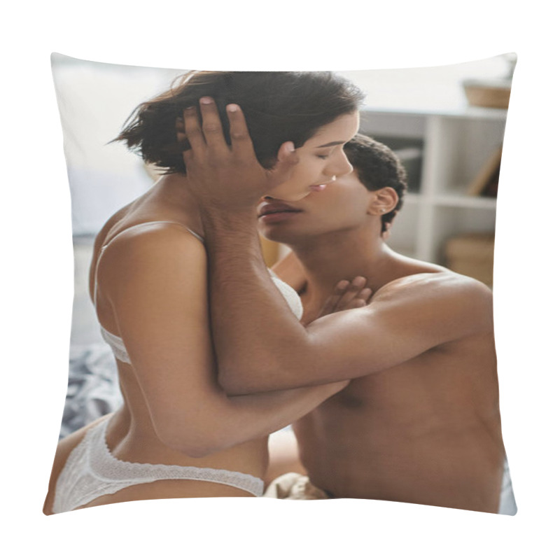 Personality  A Young, Multicultural Couple Expresses Their Love And Passion For Each Other On A Bed, As They Embrace And Kiss. Pillow Covers