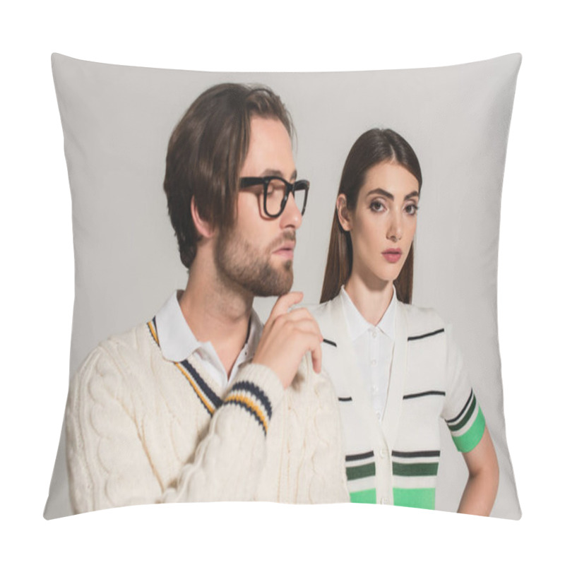 Personality  Brunette Woman In Striped Polo T-shirt Looking At Camera Near Man Touching Chin Isolated On Grey Pillow Covers