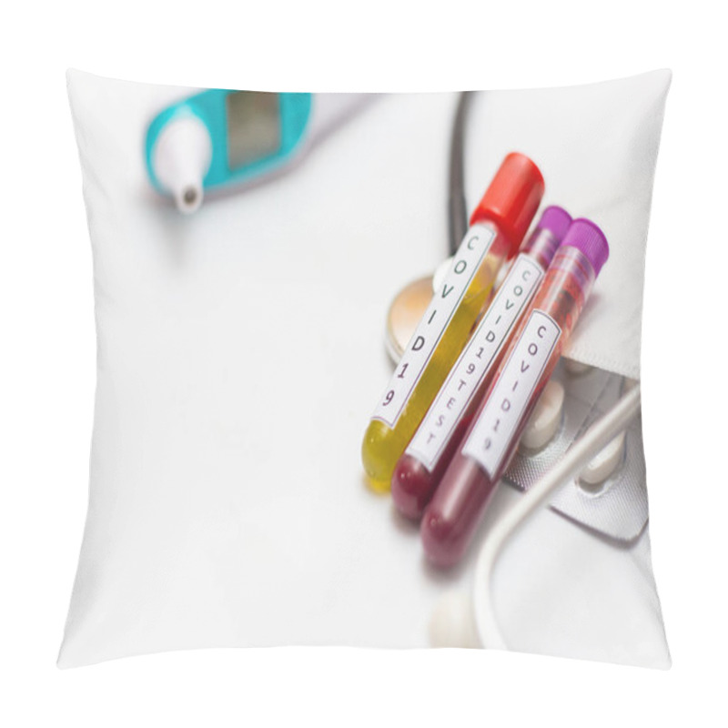 Personality  Coronavirus COVID-19 Outbreak Infected Blood Sample In Sample Tube Laboratory Analysis Obkect On White Background Pillow Covers