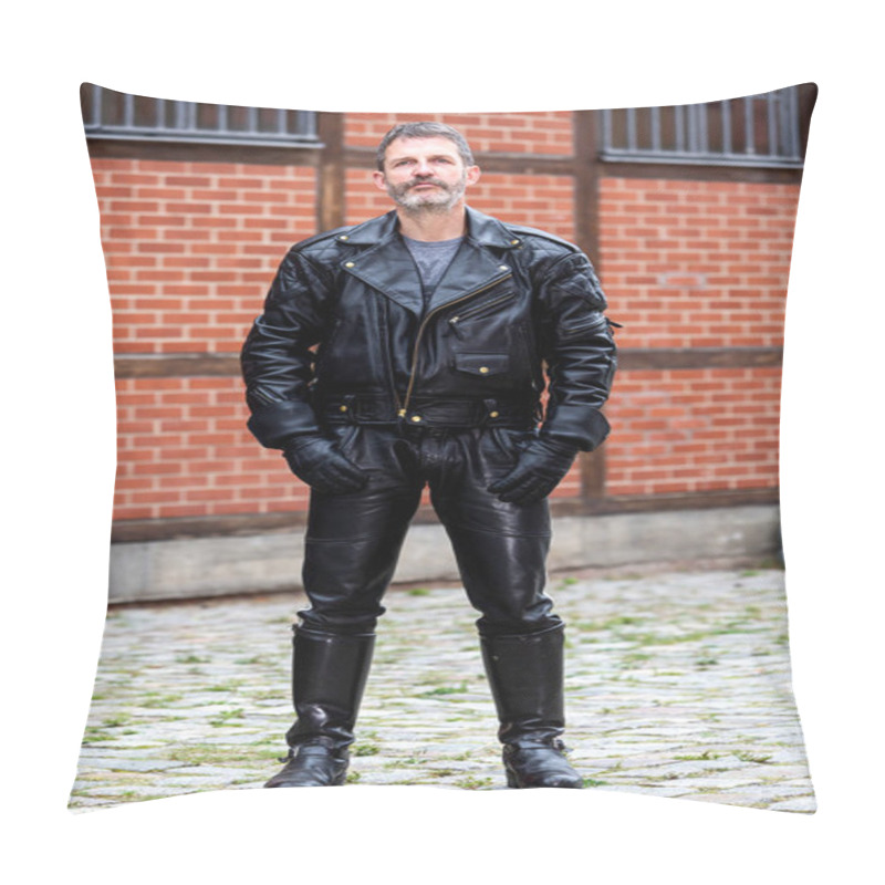 Personality  Handsome Bearded Man In Leather Jacket, Pants And Boots Standing Pillow Covers