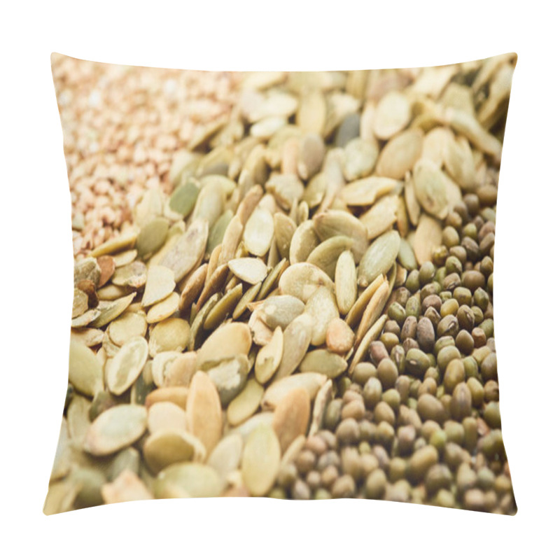 Personality  Close Up View Of Raw Pumpkin Seeds Near Maash And Green Buckwheat Pillow Covers