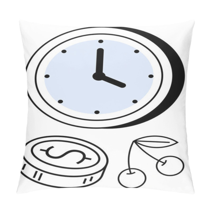 Personality  Clock With Black Hands, Coin With Dollar Sign, Cherries With Leaves. Ideal For Concepts Of Time Management, Financial Planning, Productivity, Work-life Balance, Scheduling, Investment Deadlines Pillow Covers