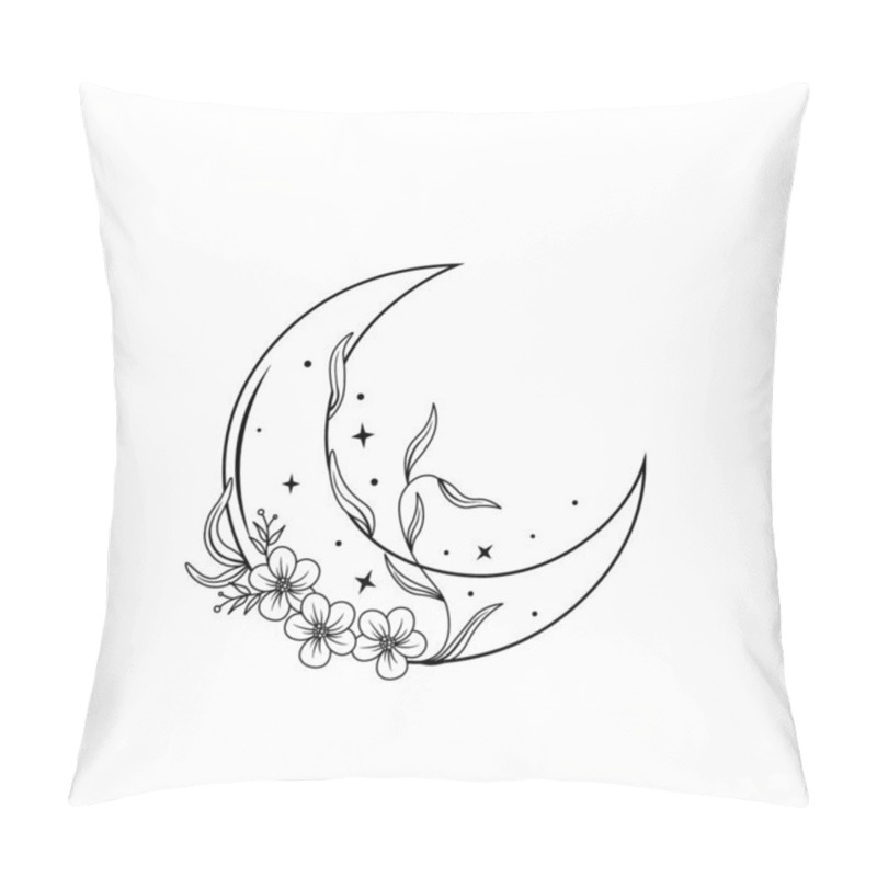 Personality  Monochrome Boho Moon And Flowers With Leaves. Mystical Vector Illustration Isolated On White Background. Outline Art With Crescent Moon. Floral Magic Line Art For Esoteric Logo, Print, Tattoo Concept. Pillow Covers