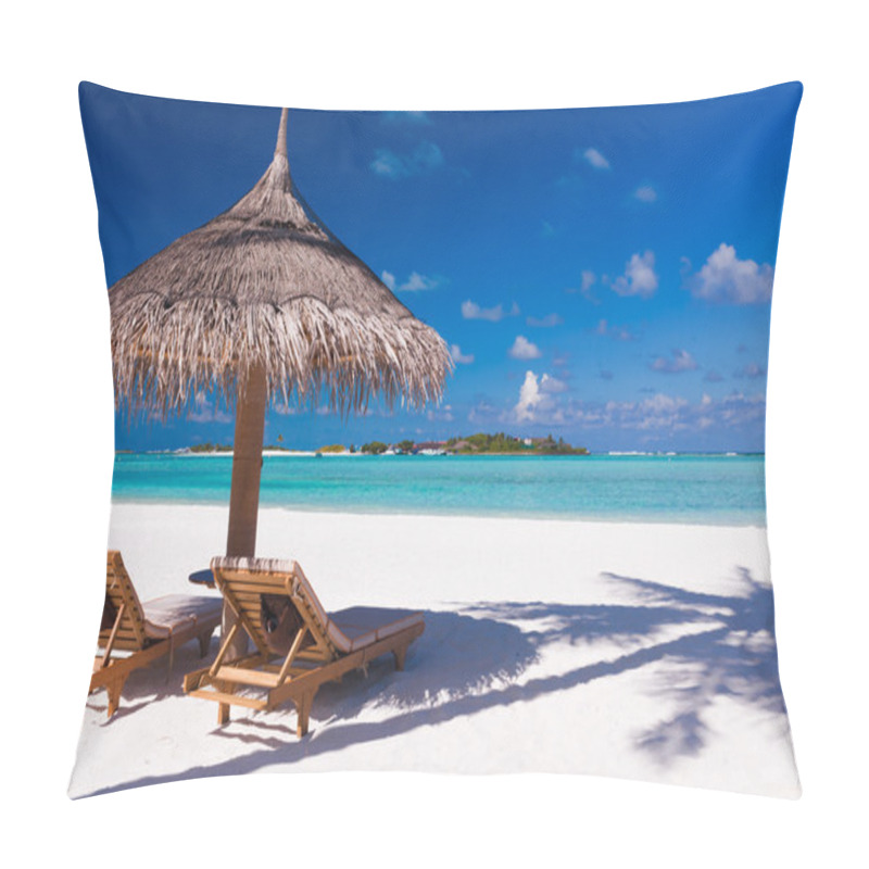 Personality  Chairs And Umbrella On A Beach With Shadow From Palm Tree Pillow Covers