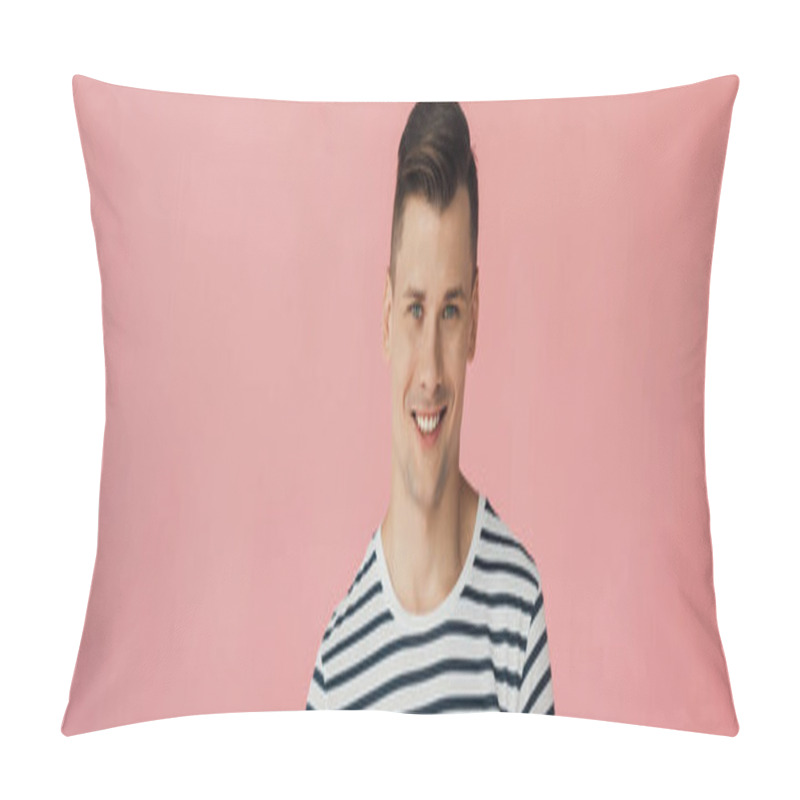 Personality  Panoramic Shot Of Smiling Young Man Looking At Camera Isolated On Pink Pillow Covers