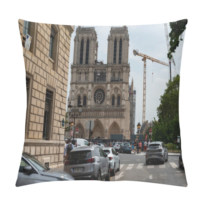 Personality  Paris, France, August 15 2024 View On Notre Dame Cathedral Being Redecorated After Fire Pillow Covers