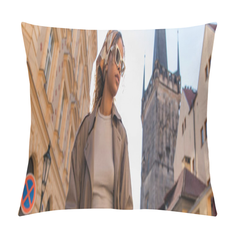 Personality  Stylish African American Woman Posing Near Old Town Hall Tower In Prague, Banner Pillow Covers