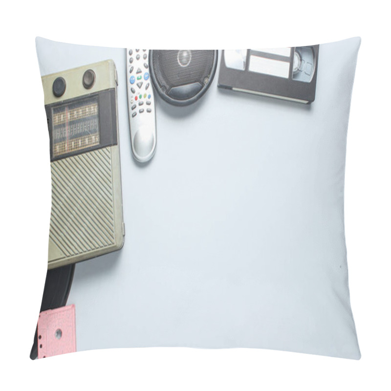 Personality  Radio Receiver, Vinyl Record, Audio Cassette, Video Cassette, Tv Remote On A Gray Background. Top View, Copy Space Pillow Covers