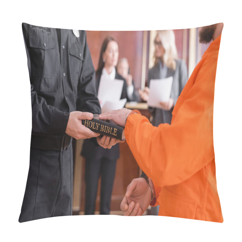 Personality  Bailiff In Uniform Holding Bible Near Accused Man Giving Oath In Court Pillow Covers