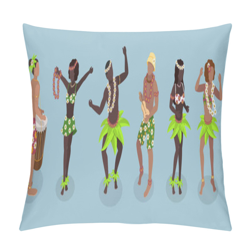 Personality  3D Isometric Flat Vector Set Of Hawaiian Dancers, Characters In Polynesian Costume Pillow Covers