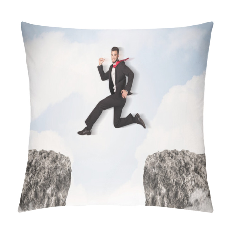 Personality  Funny Business Man Jumping Over Rocks With Gap Pillow Covers