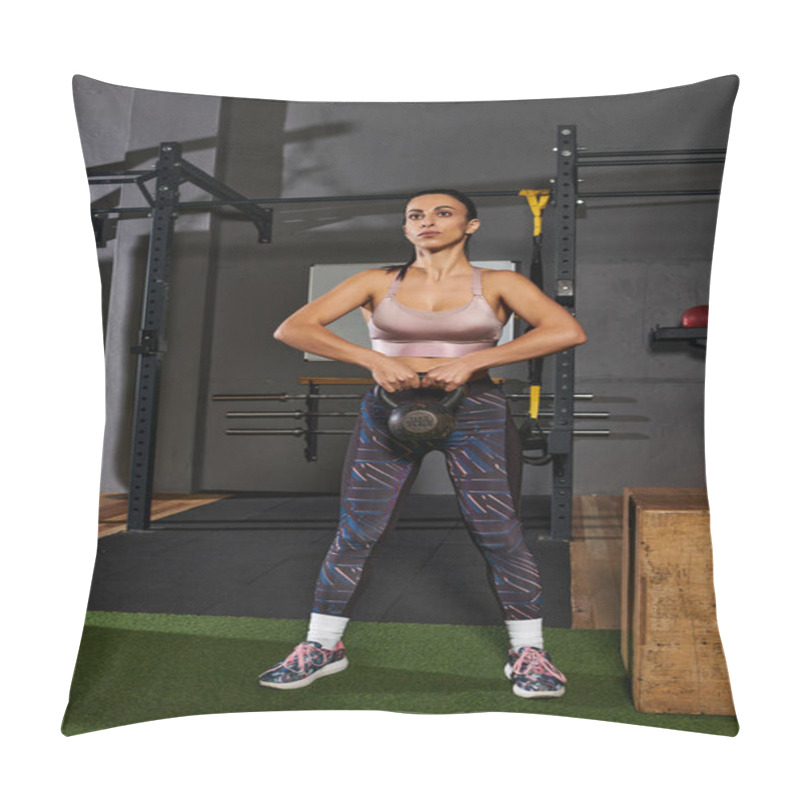 Personality  Dedicated Woman Performs Kettlebell Exercise In A Modern Gym Environment With Equipment. Pillow Covers