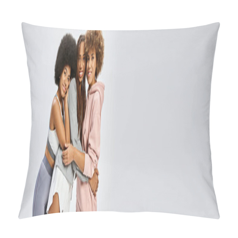 Personality  Happy African American Women In Sportswear Hugging Each Other On Grey Backdrop, Juneteenth Banner Pillow Covers