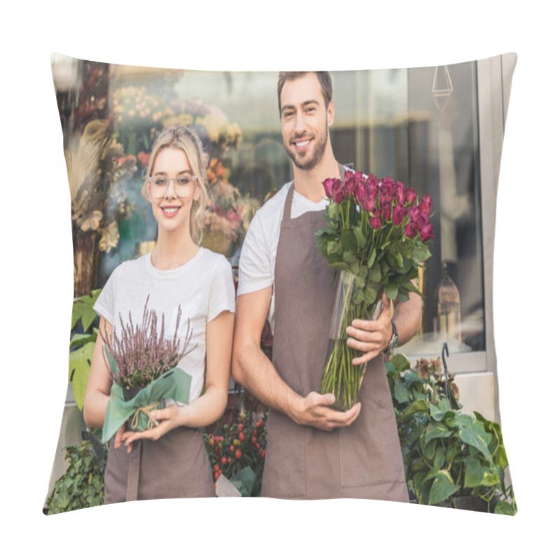 Personality  Smiling Florists Standing Near Flower Shop With Potted Plant And Burgundy Roses, Looking At Camera Pillow Covers