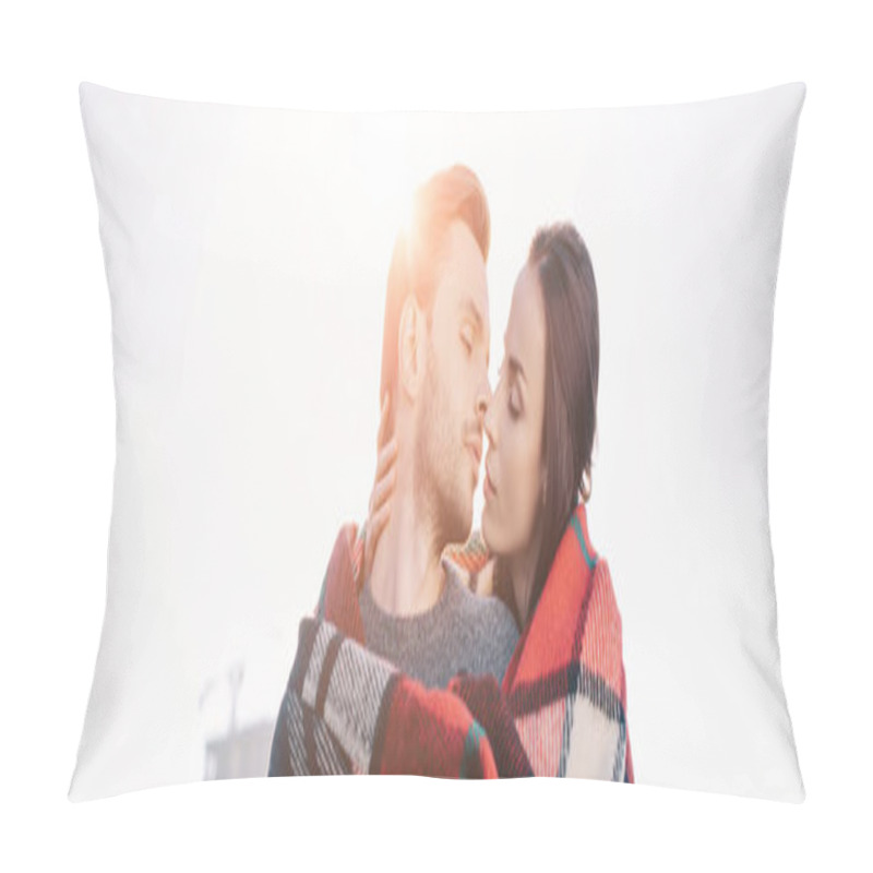 Personality  Panoramic Shot Of Beautiful Young Couple Covering In Plaid And Kissing With Sun Shining Behind Pillow Covers