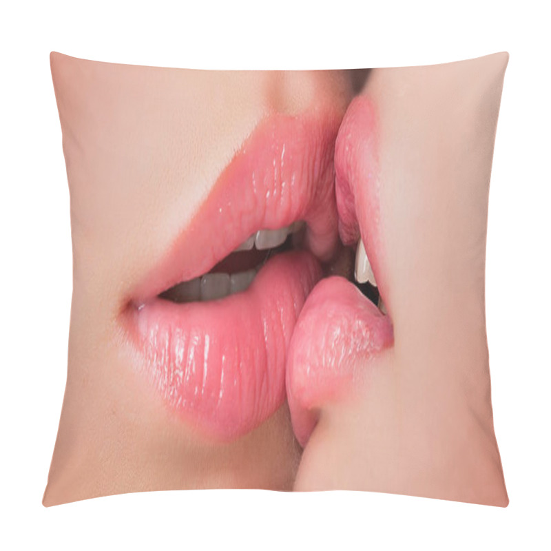 Personality  Kiss Lesson. Two Women Friends Kissing. Two Beautiful Sexy Lesbians In Love. Closeup Of Women Mouths Kissing. Passionate Kissing. Sexy Plump Full Lips. Lipstick And Lipgloss. Pillow Covers