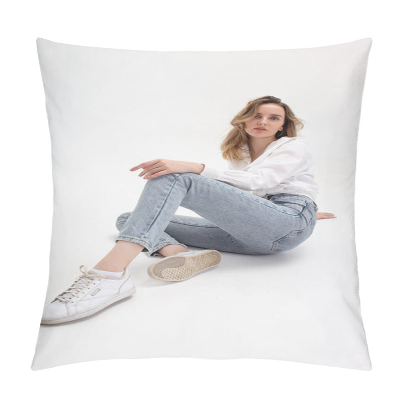 Personality  Young Cute Pensive Caucasian Girl Posing In White Shirt, Blue Jeans At Studio Pillow Covers