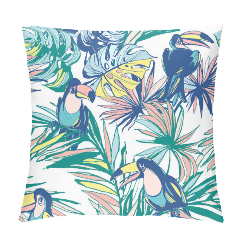 Personality  Seamless Pattern Ink Hand Drawn Tropical Palm Leaves, Flowers, Birds. Pillow Covers