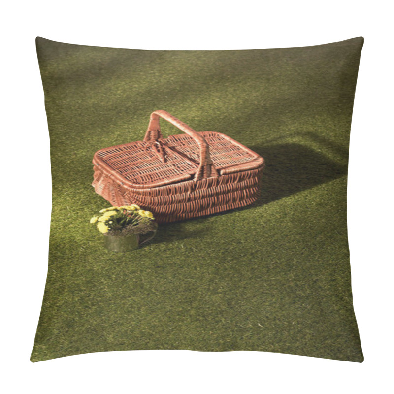 Personality  Flowers And Wicker Basket For Picnic On Green Grass Pillow Covers