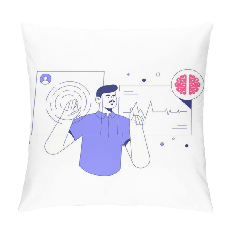 Personality  A Male Character Interacting With Gesture Recognition Technology, Showing Biometric Icons, A Heartbeat Waveform, And A Futuristic Digital Interface. Pillow Covers