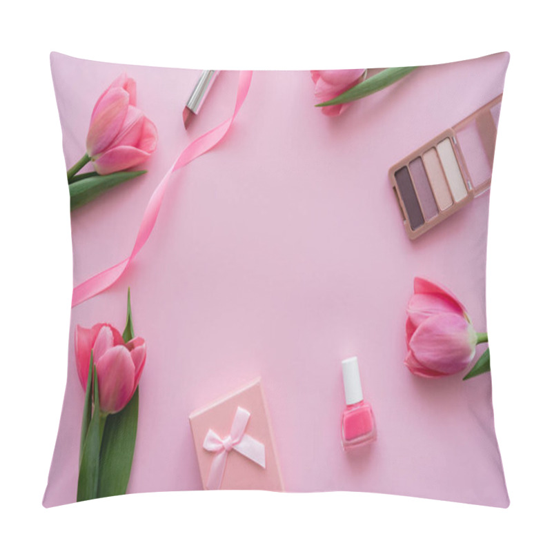 Personality  Top View Of Gift Box With Bow Near Decorative Cosmetics And Tulips On Pink Pillow Covers