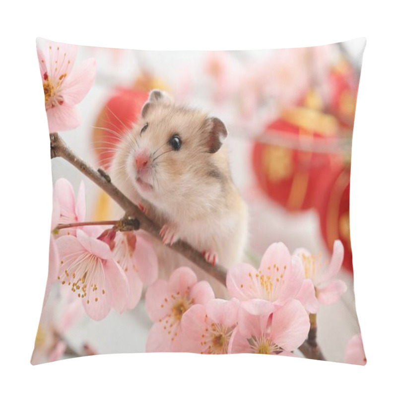 Personality  A Photo Of A Hamster With A Light Brown Coat, A Pinkish Snout, And A Small, Alert Expression, Perched On A Branch Among Delicate Pink Cherry Blossom Flowers. The Background Is A Soft, Blurred Backdrop Of Cherry Blossoms Creating A Dreamy, Ethereal Ef Pillow Covers