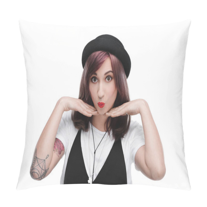 Personality  Young Surprised Tattooed Girl Pillow Covers