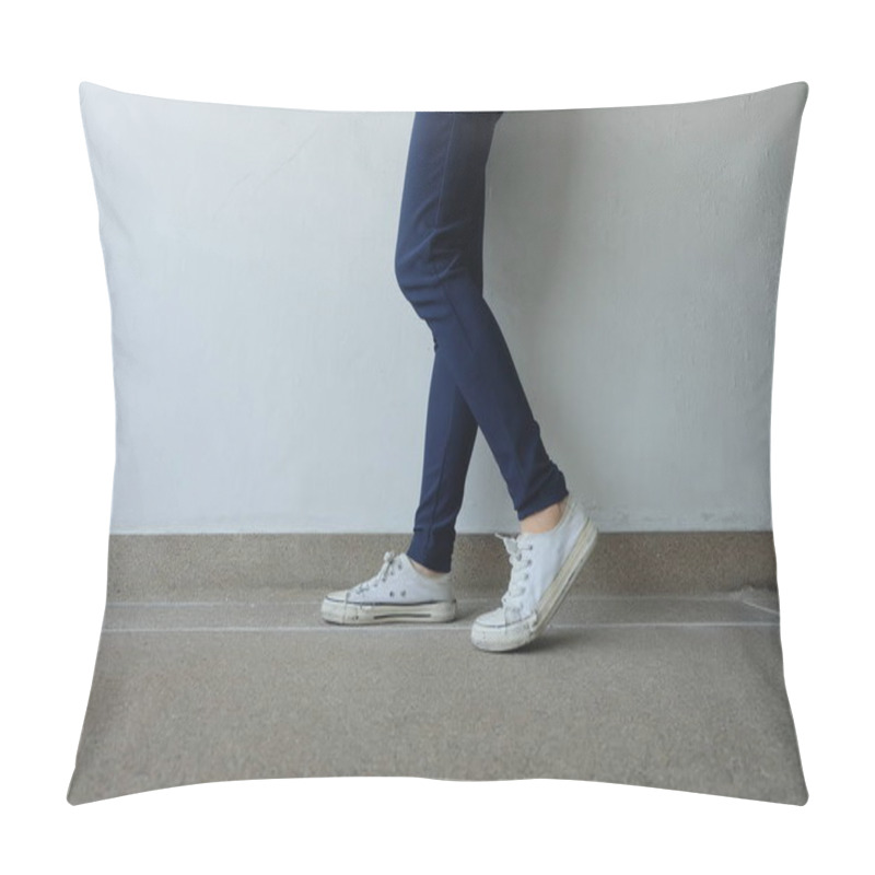 Personality  Fashion Young Woman In Blue Jeans And White Sneakers On The Streets  Pillow Covers