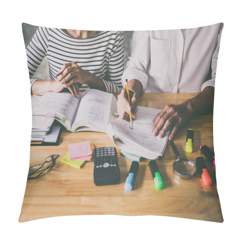 Personality  High School Or College Asian Student Group Sitting At Desk In Class Studying And Reading, Doing Homework And Lesson Practice Preparing Exam To Entrance, Education Concept. Pillow Covers