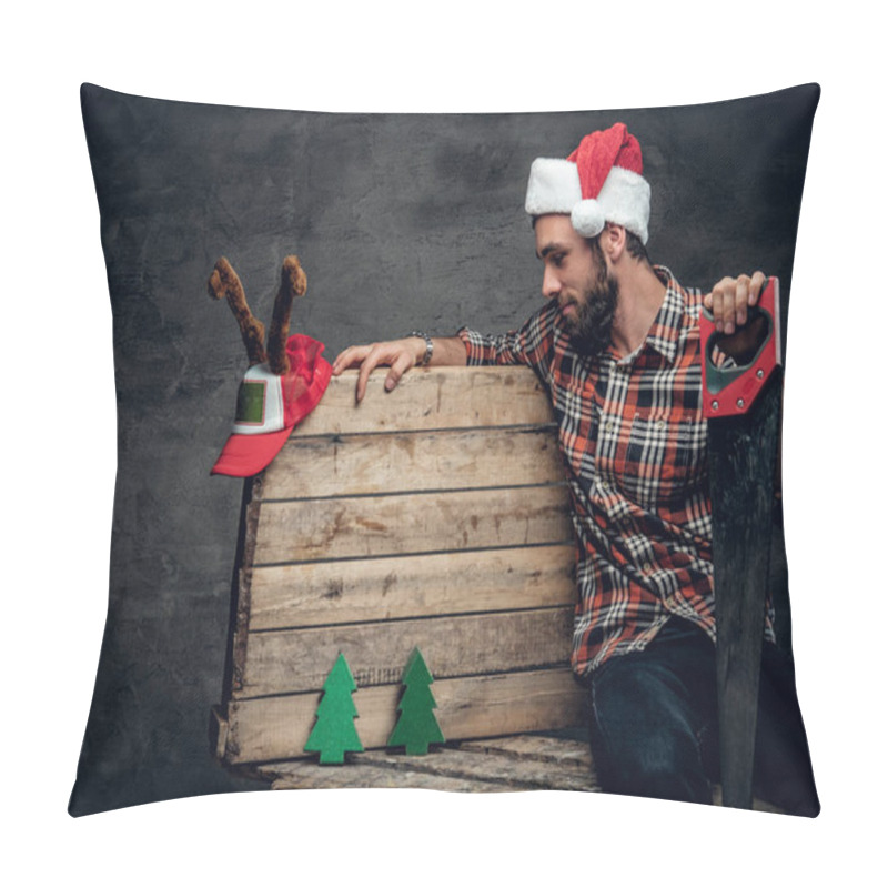 Personality  Bearded Carpenter Man In Santa's Hat  Pillow Covers