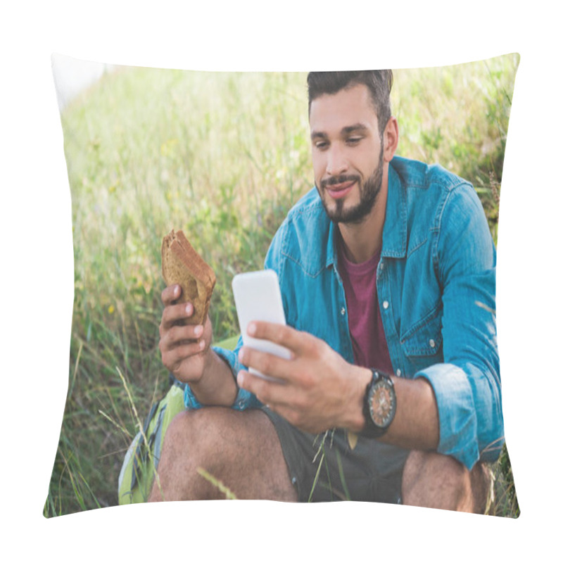 Personality  Traveler Using Smartphone And Eating Sandwich On Summer Meadow Pillow Covers