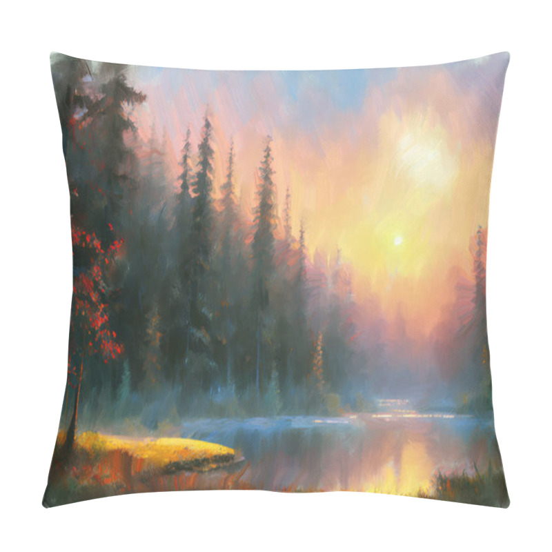 Personality  Modern Expressive Oil Painting Sketch Of Picturesque Woodland Landscape On Shore Of Calm Lake Among Pine Forest At Sunset. My Own Digital Art Illustration Of Serene Wilderness Scene. Pillow Covers